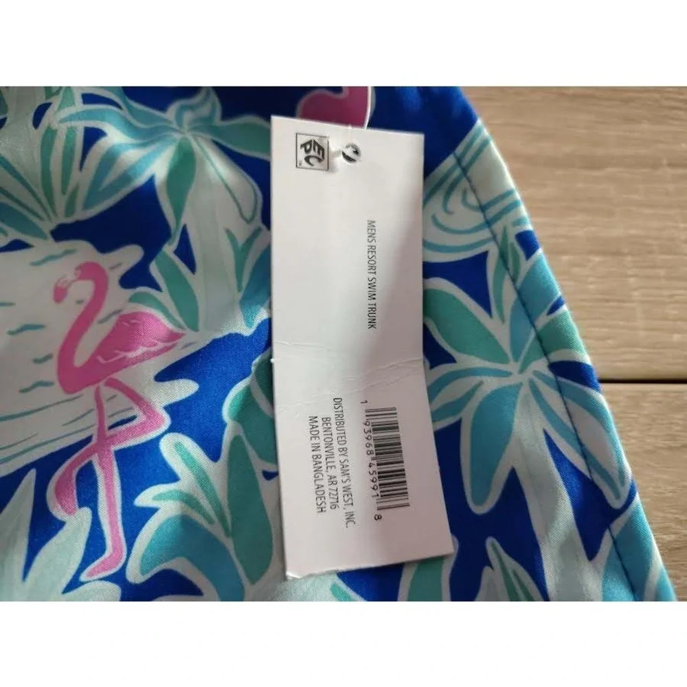 Mens Resort Swim Trunk Flamingo‎ Palm Tree Print Blue Size M Member's Mark